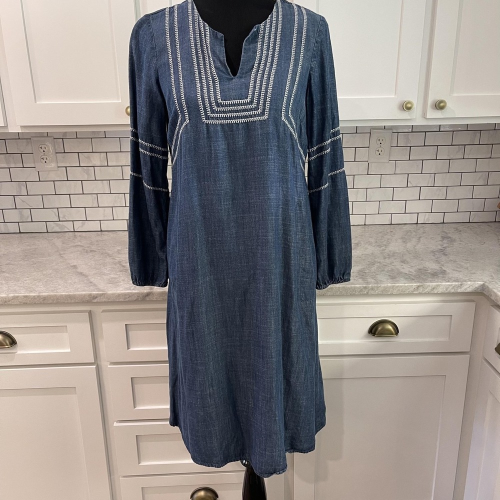 Pure Jill Denim Dress Womens XS Blue Indigo Embroidered Boho Shift Long Sleeve